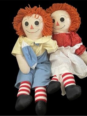 Vintage 36” Raggedy Ann & Andy Large 3ft Cloth Dolls Pair 1970s Collectible